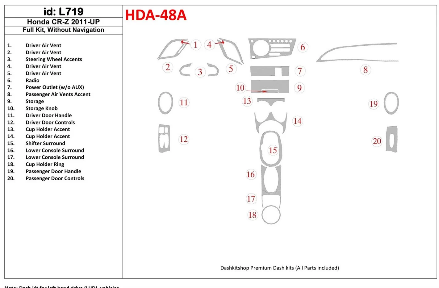Honda CR-Z 2011-UP Full Set Without NAVI BD Interieur Dashboard Bekleding Volhouder