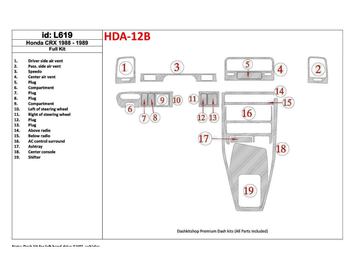 Honda CRX 1988-1989 Ensemble Complet BD Kit la décoration du tableau de bord - 1 - habillage decor de tableau de bord