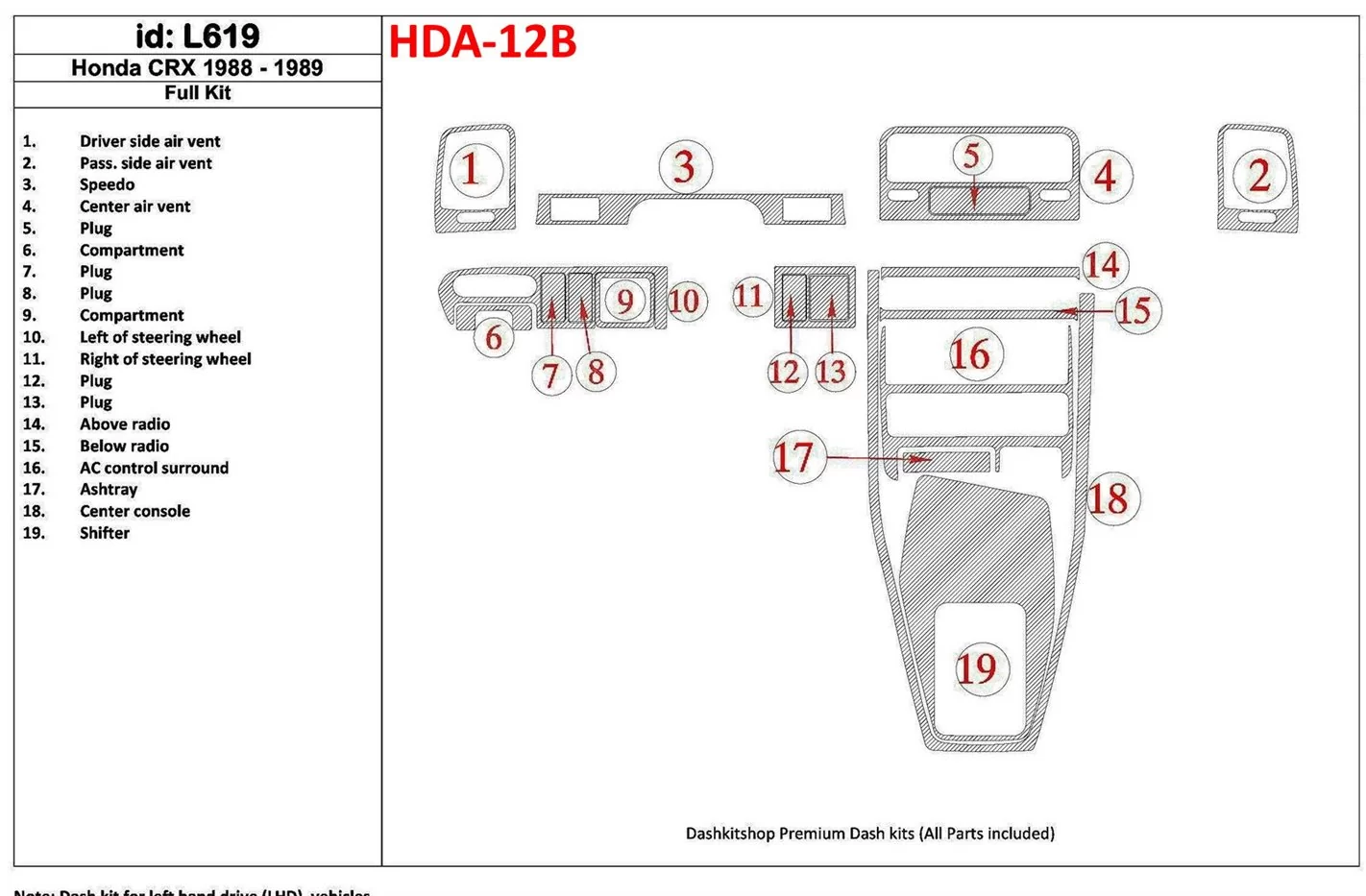 Honda CRX 1988-1989 Full Set BD Interieur Dashboard Bekleding Volhouder