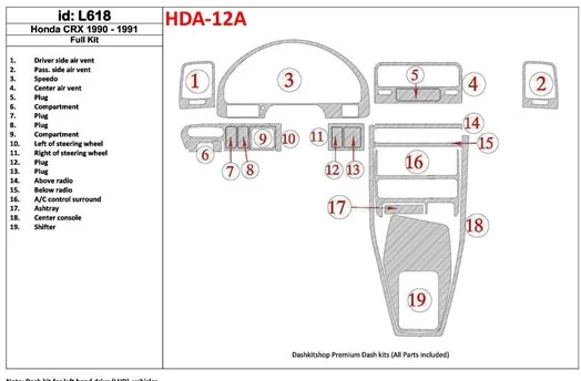 Honda CRX 1990-1991 Full Set, 19 Parts set Interior BD Dash Trim Kit