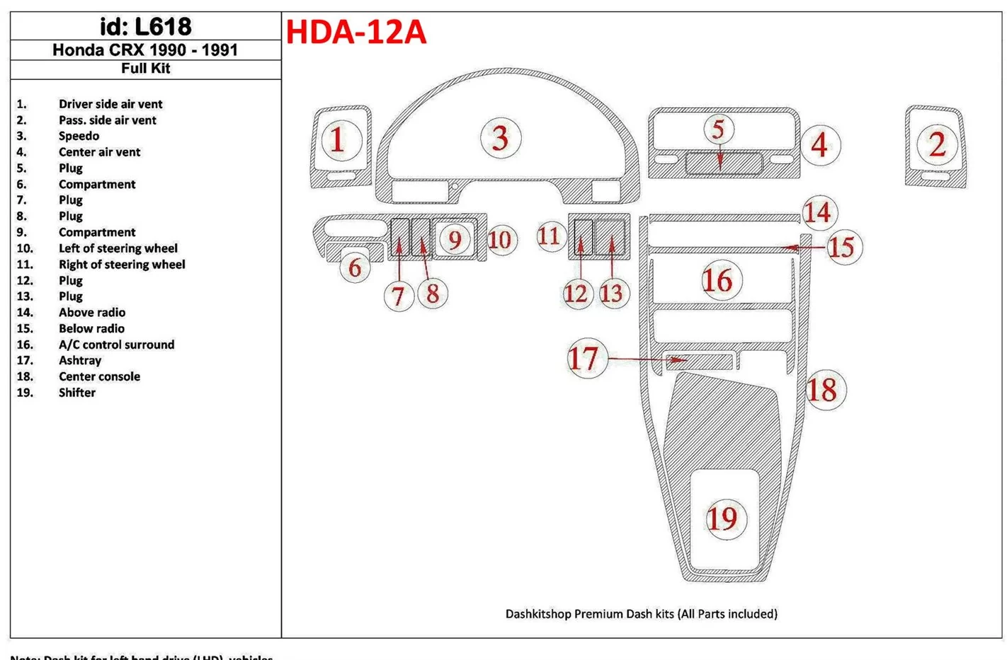 Honda CRX 1990-1991 Ensemble Complet, 19 Parts set BD Kit la décoration du tableau de bord - 1 - habillage decor de tableau de b