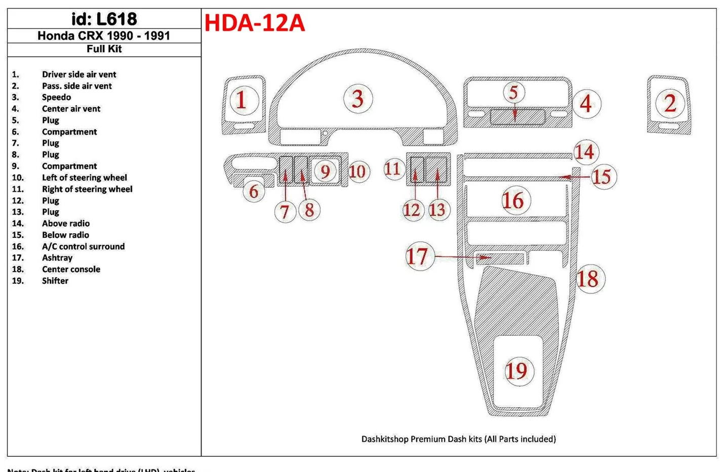 Honda CRX 1990-1991 Full Set, 19 Parts set Interior BD Dash Trim Kit