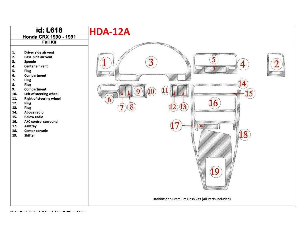 Honda CRX 1990-1991 Full Set, 19 Parts set Interior BD Dash Trim Kit