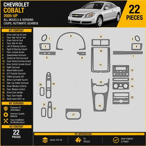 Chevrolet Cobalt 2005-in poi Coupe; cambio automatico kit rivestimento cruscotto e interni 3D