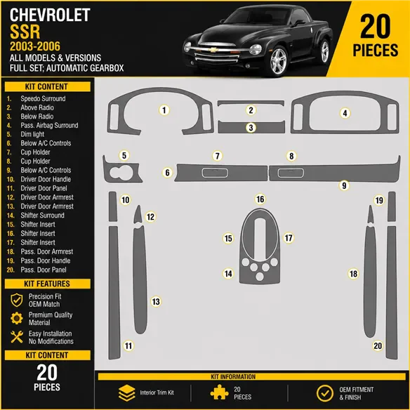 Chevrolet SSR 2003-2006 Full Set Interior Dashboard Trim Kit Dash Trim Dekor