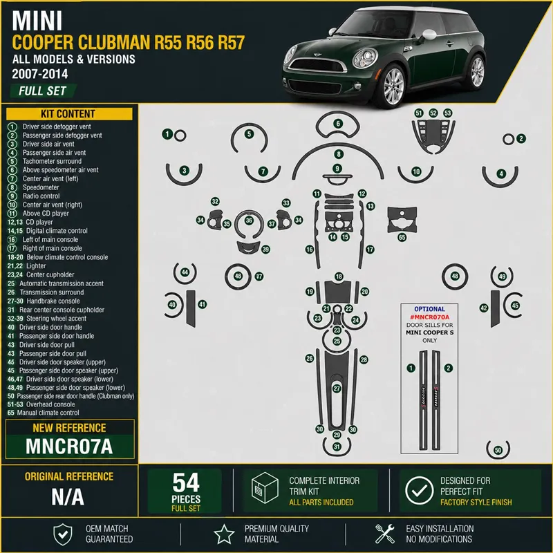 Mini Cooper Clubman R55 R56 R57 2007-2014 kit 3D de molduras interiores para salpicadero 57 piezas