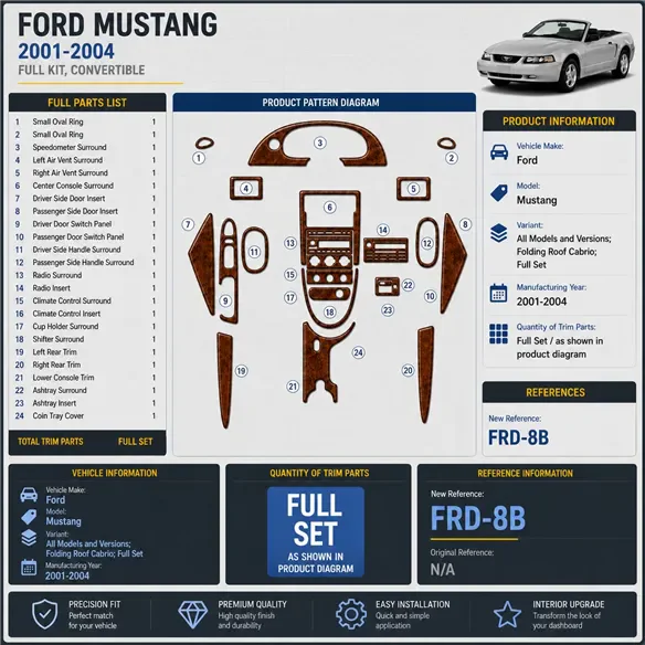 Ford Mustang 2001-2004 Folding roof-Cabrio, Full Set interieur dashboard decoratieset dashboard decor