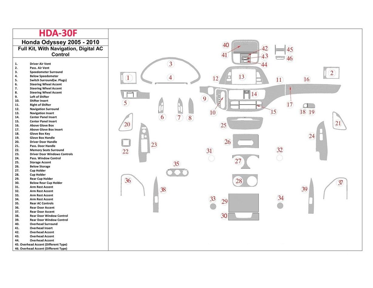 Honda Odyssey 2005-UP Full Set, With NAVI system, Automatic AC Control Decor de carlinga su interior