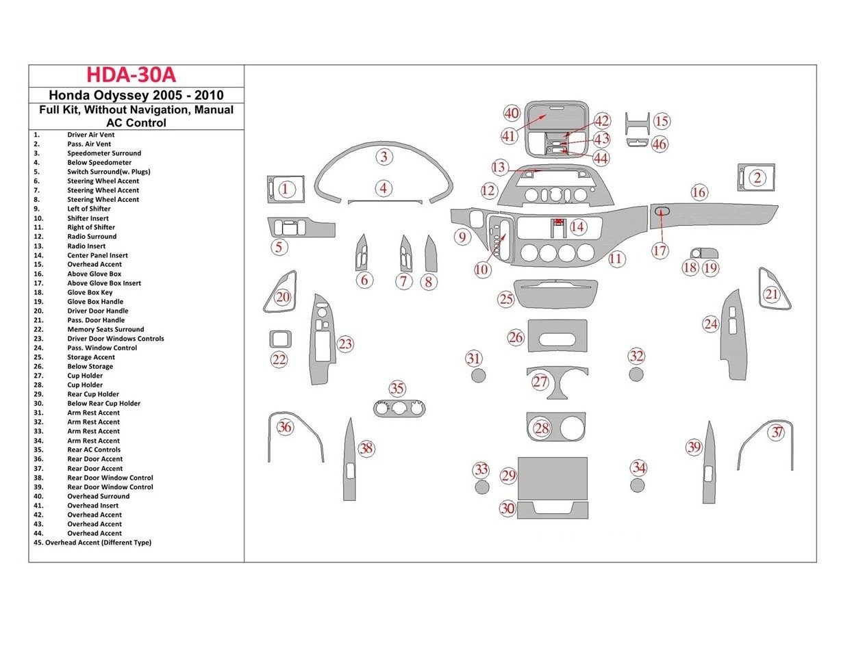 Honda Odyssey 2005-UP Full Set, Without NAVI system, Didital AC Control Interior BD Dash Trim Kit