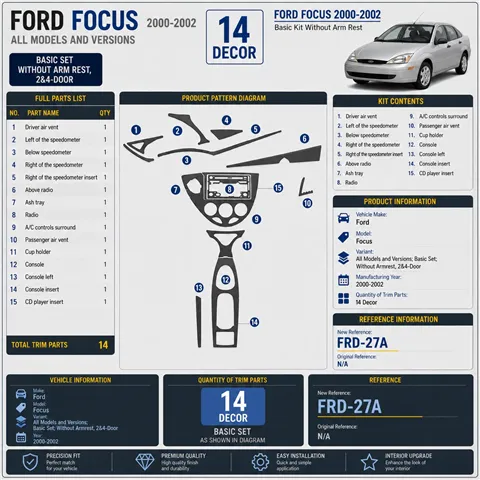 Ford Focus 2000-2002 Basic Set, Without Armrest, 2&4 Doors, 14 Parts set Interior Dashboard Trim Kit Dash Trim Dekor