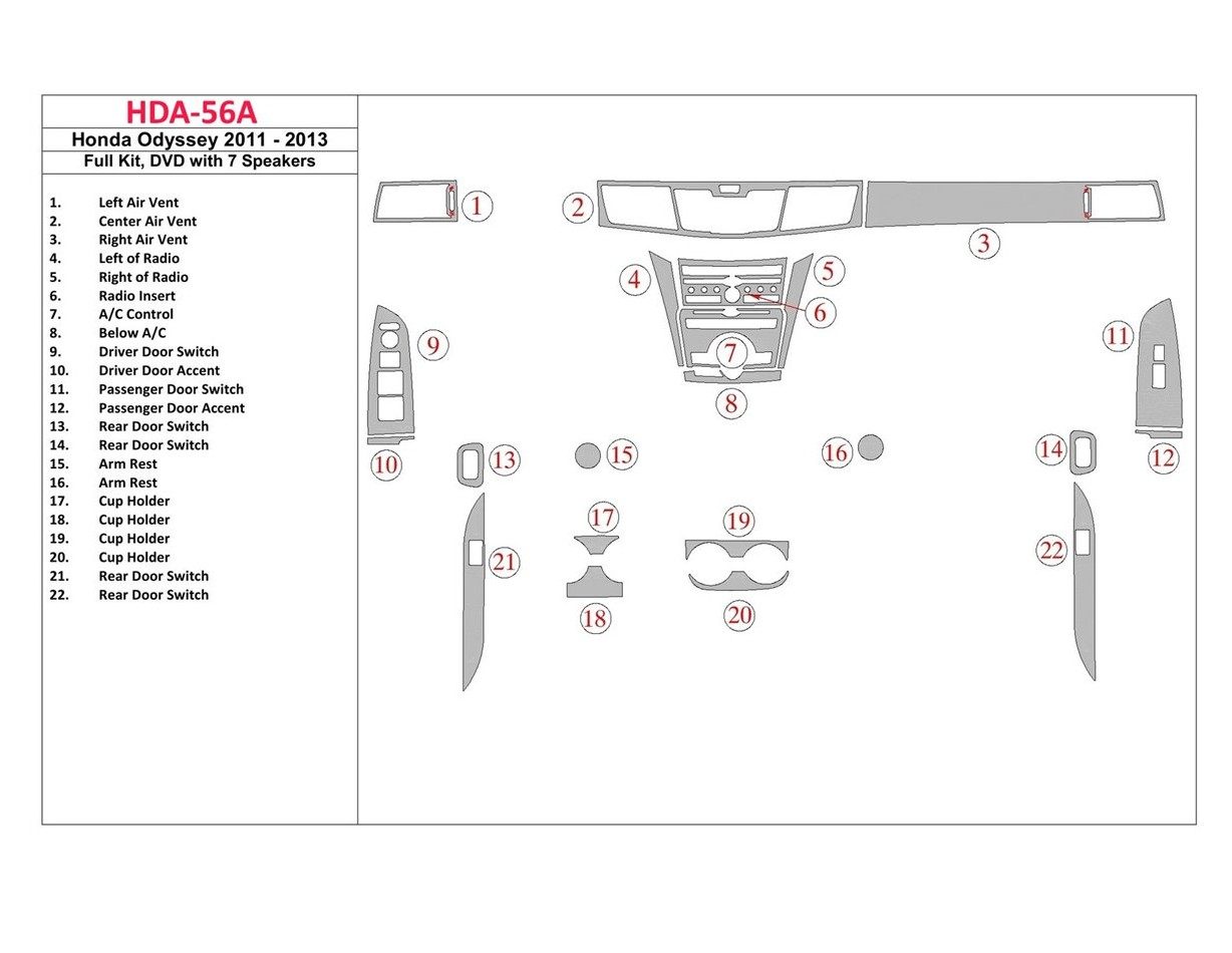 Honda Odyssey 2011-2013 Full Set, DVD With 7 Audio-speakers Interior BD Dash Trim Kit