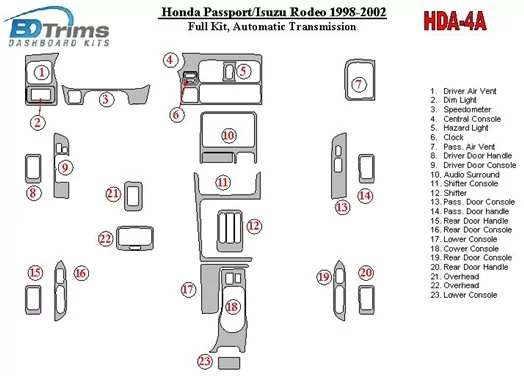 Honda Pasport 1998-2002 Full Set BD Interieur Dashboard Bekleding Volhouder