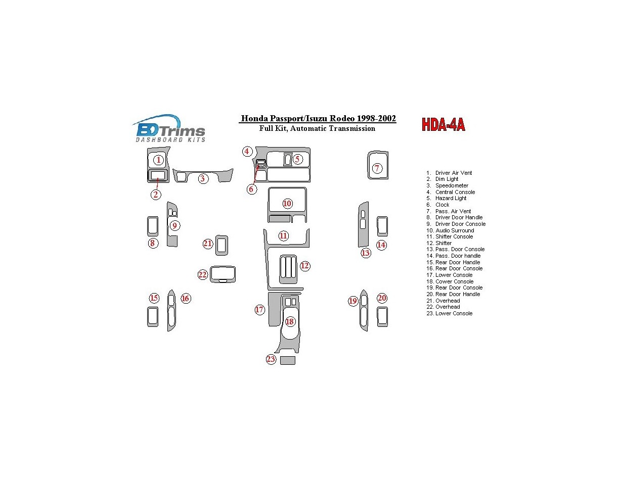 Honda Pasport 1998-2002 Full Set BD Interieur Dashboard Bekleding Volhouder