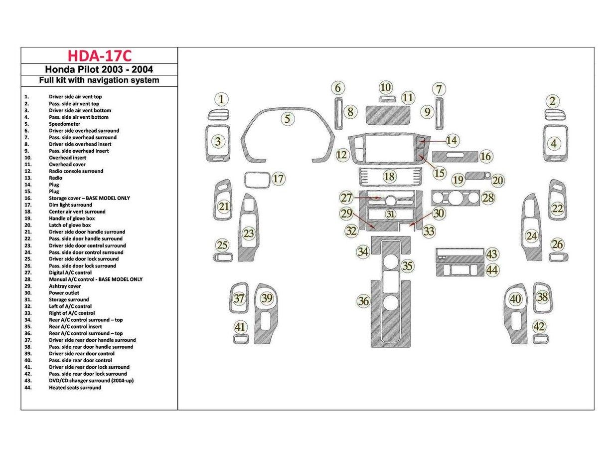 Honda Pilot 2003-2004 Full Set, With NAVI, 42 Parts set Interior BD Dash Trim Kit