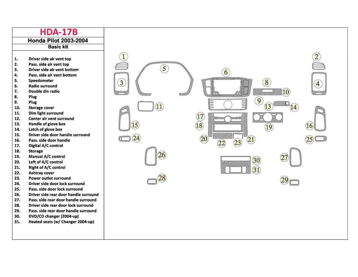 Honda Pilot 2003-2004 OEM Compliance, 29 Parts set Interior BD Dash Trim Kit