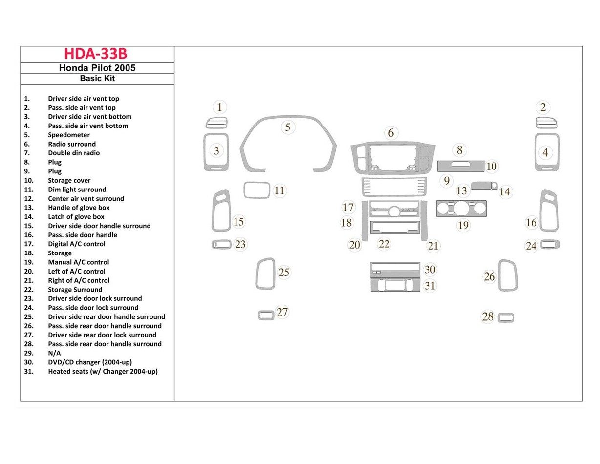 Honda Pilot 2005-2005 Basic Set, OEM Compliance Interior BD Dash Trim Kit