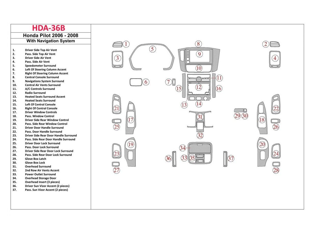 Honda Pilot 2006-2008 Full Set, With NAVI system Interior BD Dash Trim Kit