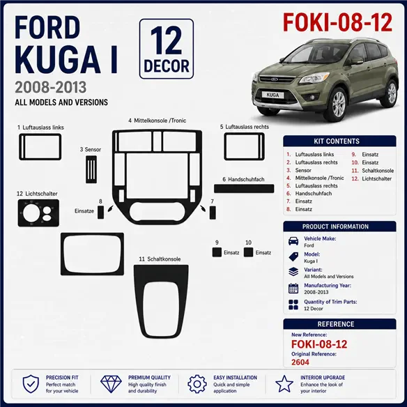 Ford Kuga I 2008-2013 kit 3D de molduras interiores para salpicadero 12 piezas