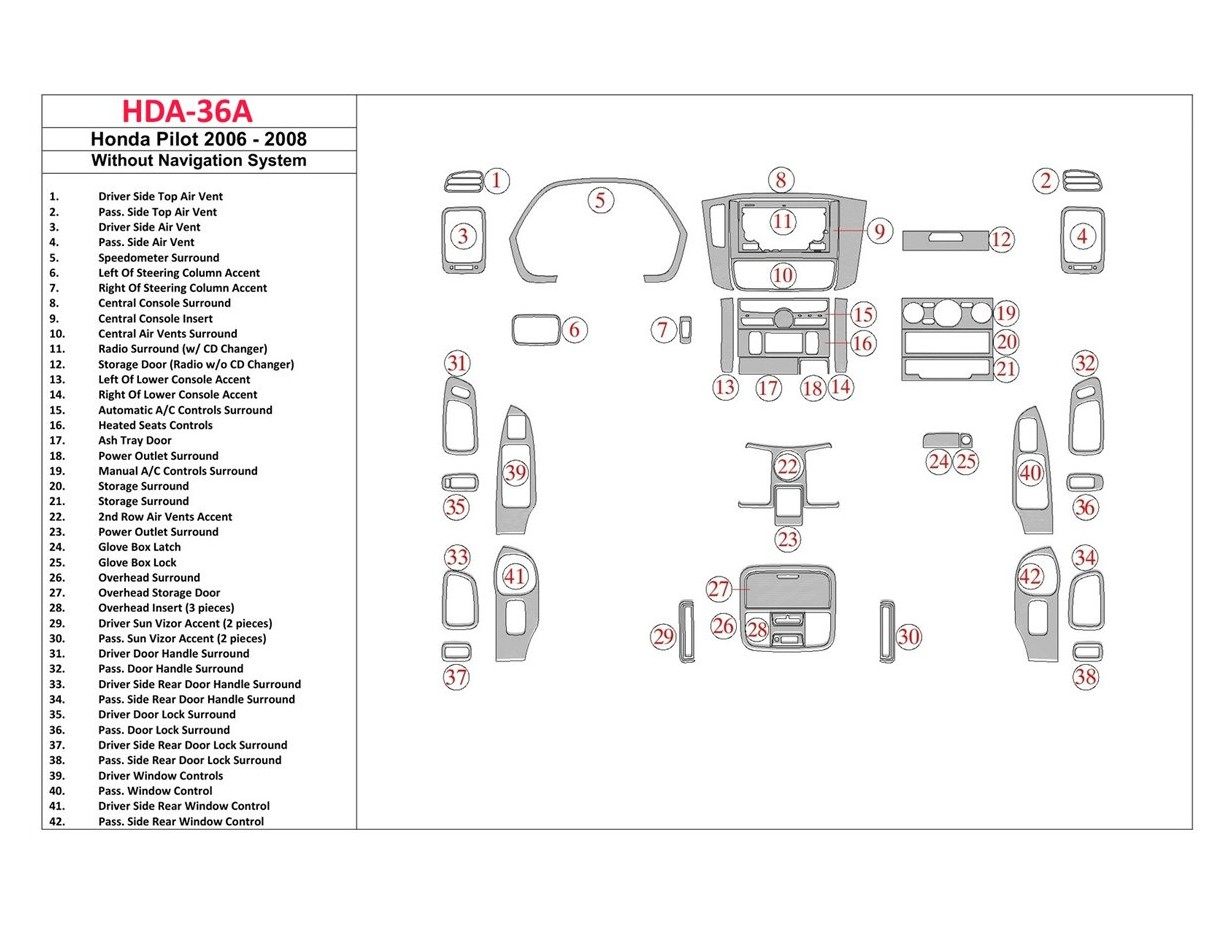 Honda Pilot 2006-2008 Voll Satz, Without NAVI system BD innenausstattung armaturendekor cockpit dekor - 1- Cockpit Dekor Innenra