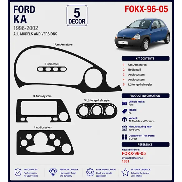 Ford Ka 1996-2002 kit 3D de molduras interiores para salpicadero 5 piezas