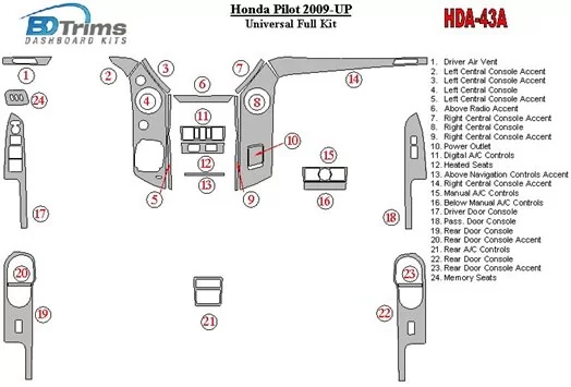 Honda Pilot 2009-UP Universal Ensemble Complet BD Kit la décoration du tableau de bord - 1 - habillage decor de tableau de bord