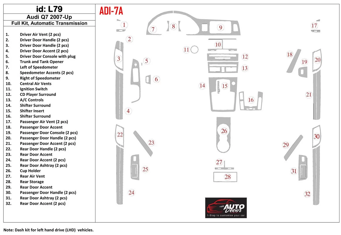 Audi Q7 2007-UP Full Set, Automatic Gear, Aluminum OEM BD Interieur Dashboard Bekleding Volhouder