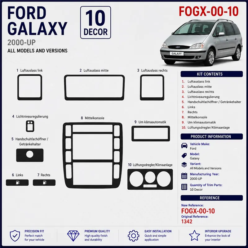 Ford Galaxi 2000-Actualidad kit 3D de molduras interiores para salpicadero 10 piezas