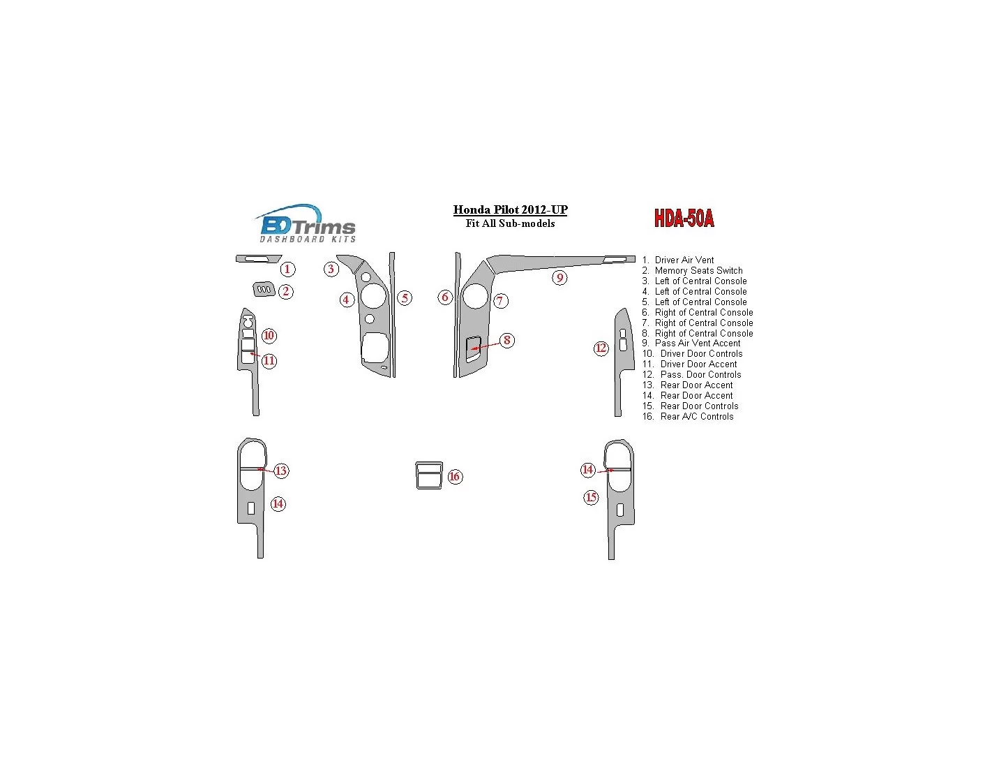 Honda Pilot 2012-UP BD Kit la décoration du tableau de bord - 1 - habillage decor de tableau de bord