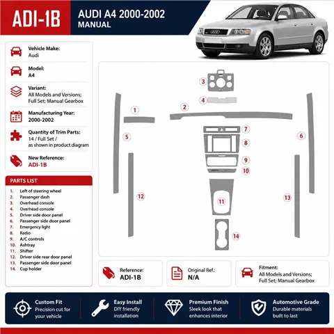 Audi A4 2000-2001 Full Set, Manual.G Interior Dashboard Trim Kit Dash Trim Dekor