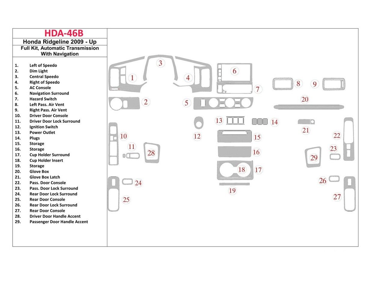 Honda Ridgeline 2009-UP Full Set, Automatic Gear, With NAVI Interior BD Dash Trim Kit