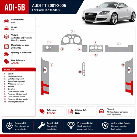 Audi TT 2001-2006 toit souple coupé kit décor tableau de bord 3D, 12 pièces 2