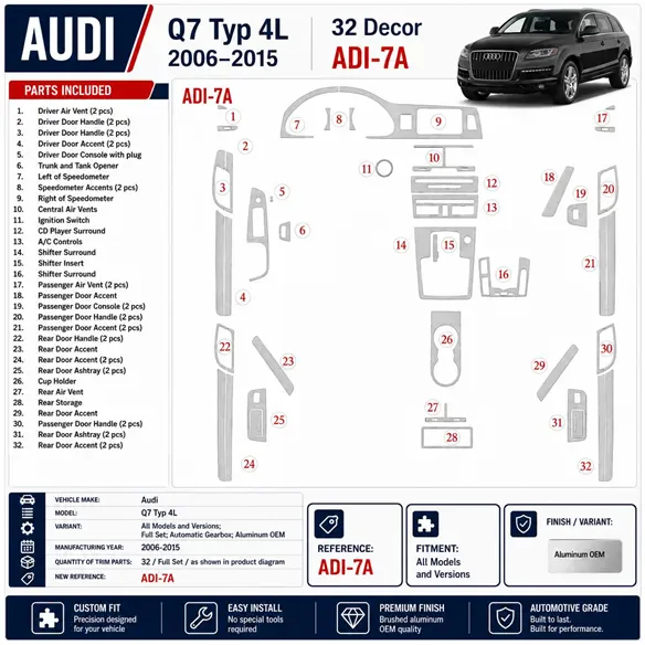 Audi Q7 2007-Actualidad juego completo, Automatic Gear, Aluminum OEM kit de molduras interiores para salpicadero