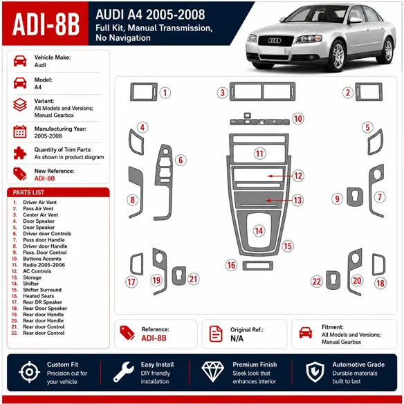 Audi A4 2005-2008 3D Cockpit Dekor Interieurleisten Set As shown in product diagram-teilig