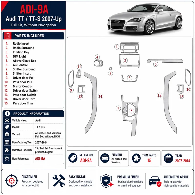 Audi TT 2007-2014 juego completo, sin navegador kit de molduras interiores para salpicadero
