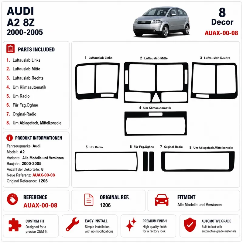 Audi A2 2000-2005 3D Cockpit Dekor Interieurleisten Set 8-teilig