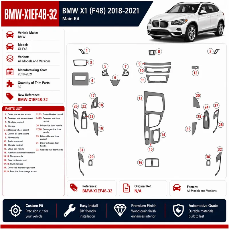 BMW X1 F48 2018-2021 kit 3D de molduras interiores para salpicadero 32 piezas