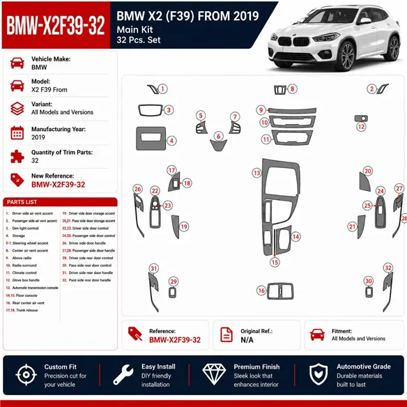 BMW X2 F39 From 2019 3D Interior Dashboard Trim Kit Dash Trim Dekor 32-Parts