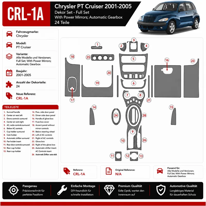Chrysler PT Cruiser 2001-2005 Full Set, With Power Mirrors, Auto Gear, 24 delen set interieur dashboard decoratieset dashboard d