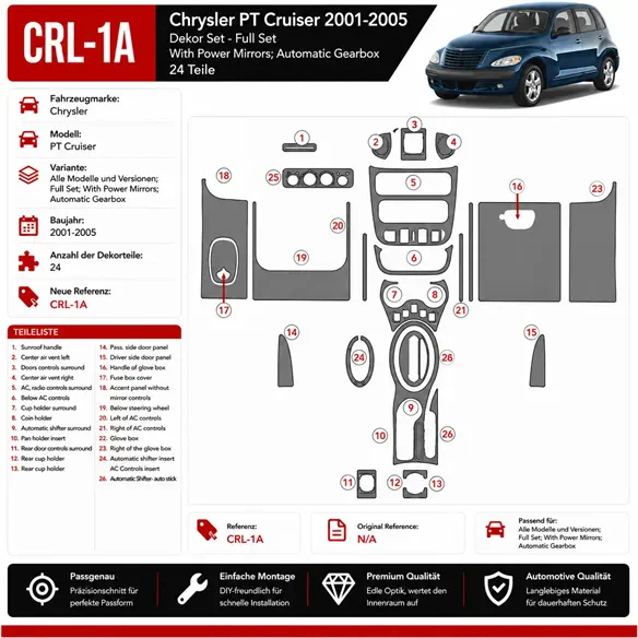 Chrysler PT Cruiser 2001-2005 juego completo, With Power Mirrors, Auto Gear, 24 piezas set kit de molduras interiores para salpi