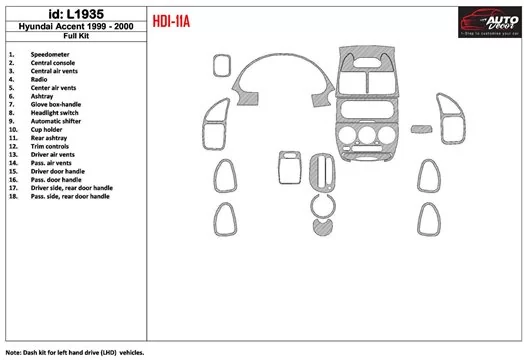 Hyundai Accent 2000-2000 Full Set, 18 Parts set Interior BD Dash Trim Kit