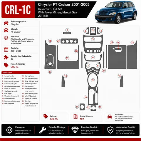 Chrysler PT Cruiser 2001-2005 set completo; Power Mirrors; cambio manuale kit rivestimento cruscotto e interni 3D 23 pezzi
