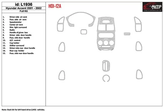 Hyundai Accent 2001-2002 Full Set, 15 Parts set Decor de carlinga su interior