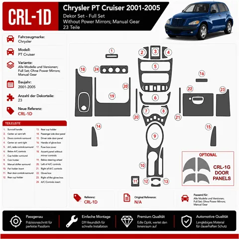 Chrysler PT Cruiser 2001-2005 kit complet, No Power Mirrors, boîte manuelle, 23 pièces kit décoration intérieure tableau de bord