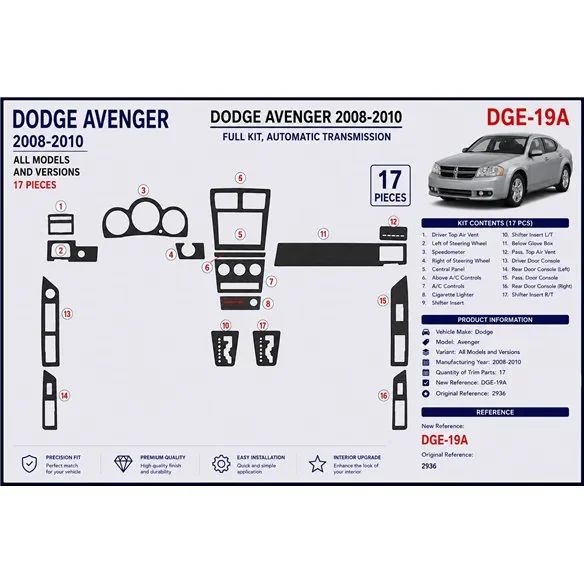 Dodge Avenger 2008-2010 kit décor tableau de bord 3D, 17 pièces