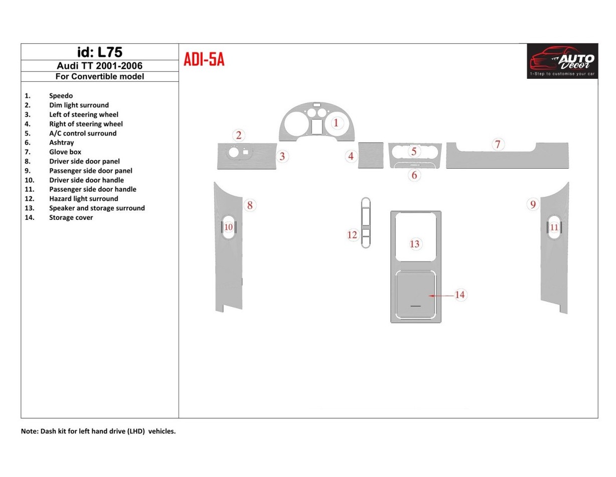 AUDI Audi TT 2001-2006 Folding roof-Cabrio, 14 Parts set Interior BD Dash Trim Kit €64.99