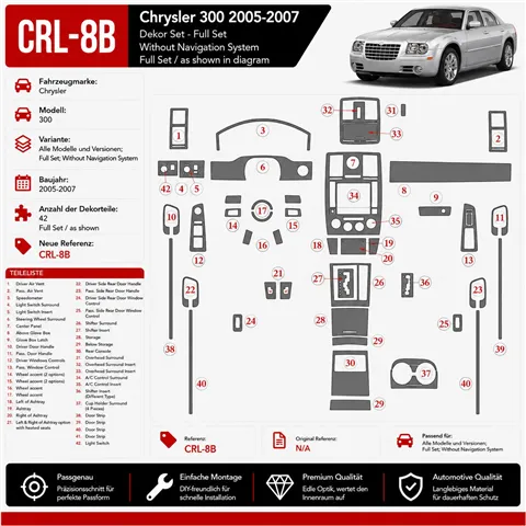 Chrysler 300 2005-2007 set completo; senza sistema di navigazione kit rivestimento cruscotto e interni 3D