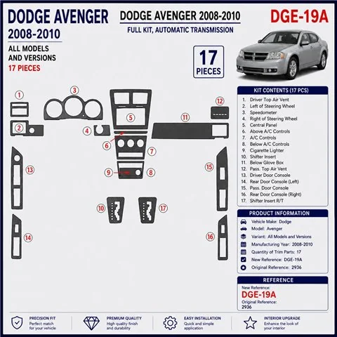 Dodge Avenger 2008-2010 3D dashboard sierlijstset, 17 delen 2
