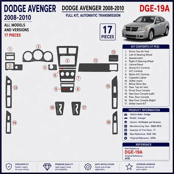 Dodge Avenger 2008-2010 kit cruscotto 3D, 17 pezzi