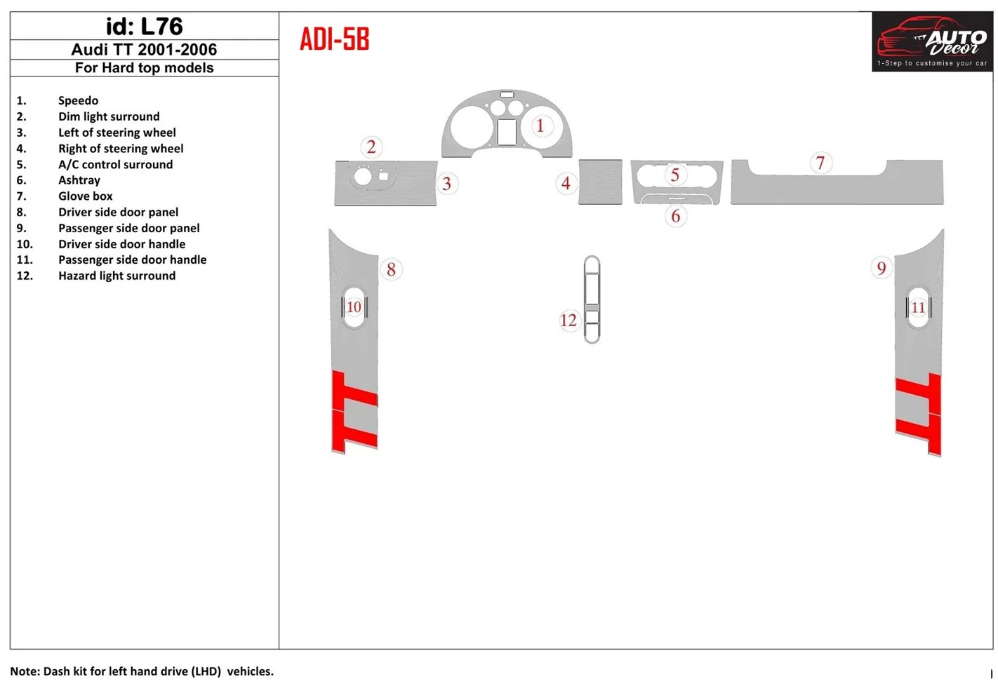 Audi TT 2001-2006 Soft roof-Coupe, 12 Parts set BD Interieur Dashboard Bekleding Volhouder