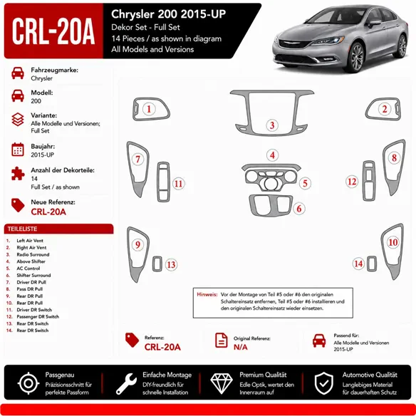 Chrysler 200 2015-Actualidad juego completo kit de molduras interiores para salpicadero
